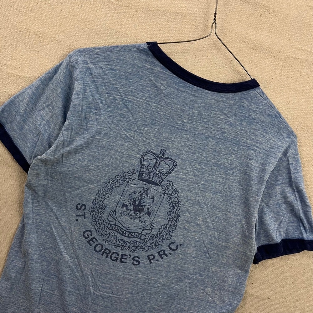 Vintage 70s Hanes Ringer T-Shirt Blue Thin Bermuda Police St Georges PRC USA